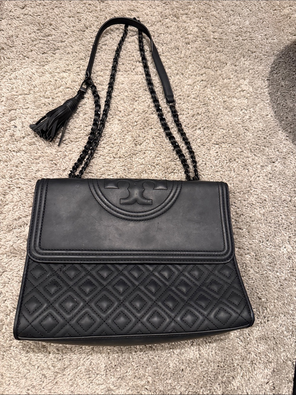 Tory Burch Black Quilted Flap Shoulder Bag with Tassel